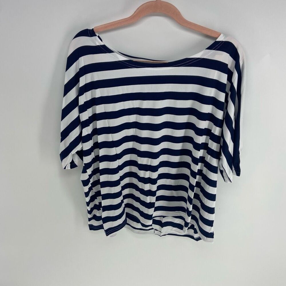 Measeor Women's Blue White Wide Open Sleeves Striped Crop Blouse NWT Large